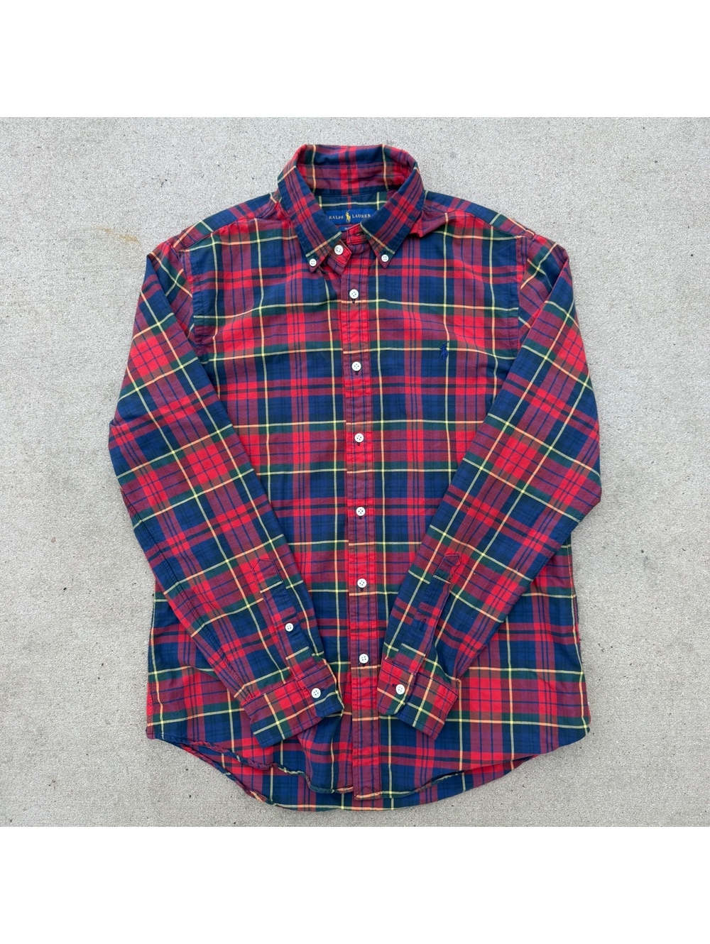 Ralph Lauren Dress Shirt Men Large Slim Fit Red Blue Plaid Casual